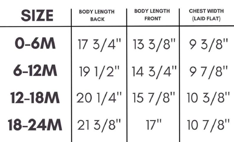 Puede incluir: Tabla de tallas de ropa de beb&eacute;, con medidas en pulgadas. La tabla incluye tallas de 0-6M a 18-24M, con medidas de largo de cuerpo (espalda y frente) y ancho de pecho en pulgadas.