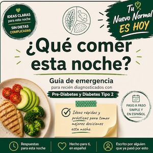 May include: An informational graphic titled ¿Qué comer esta noche? featuring a plate with grilled chicken, sliced avocado, tomatoes, and broccoli. It includes text about an emergency guide for pre-diabetes and type 2 diabetes, with icons and notes.