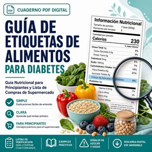 May include: A digital PDF guide titled GUÍA DE ETIQUETAS DE ALIMENTOS PARA DIABETES featuring a nutritional label under a magnifying glass, surrounded by fresh spinach, a red bell pepper, a yellow bell pepper, oats, blueberries, and chickpeas.