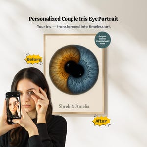 Puede incluir: Una impresión enmarcada que presenta un retrato personalizado del iris de un par. La obra de arte muestra un diseño detallado de ojo dividido con tonos marrones y azules, etiquetado como "Shrek & Amelia". El texto dice "Personalized Couple Iris Eye Portrait" y "Your iris - transformed into timeless art."