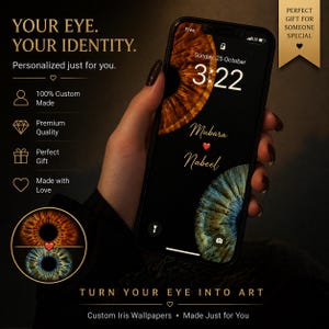 May include: A smartphone displays a custom iris wallpaper with the names "Mubara" and "Nabeel." The phone's screen shows a brown and blue iris design. Text on the screen reads "Sunday, 25 October, 3:22." Additional text includes "Your Eye. Your Identity."