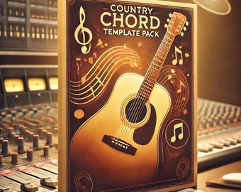 May include: A brown acoustic guitar with a gold background and the text "COUNTRY CHORD TEMPLATE PACK". The guitar is surrounded by musical notes and lines.