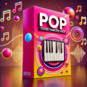 May include: A vibrant pink box with the word "POP" in white, and "CHORD TEMPLATE PACK" below. A miniature piano keyboard is centered on the box. Musical notes and colorful orbs surround the box, suggesting a music-related product.