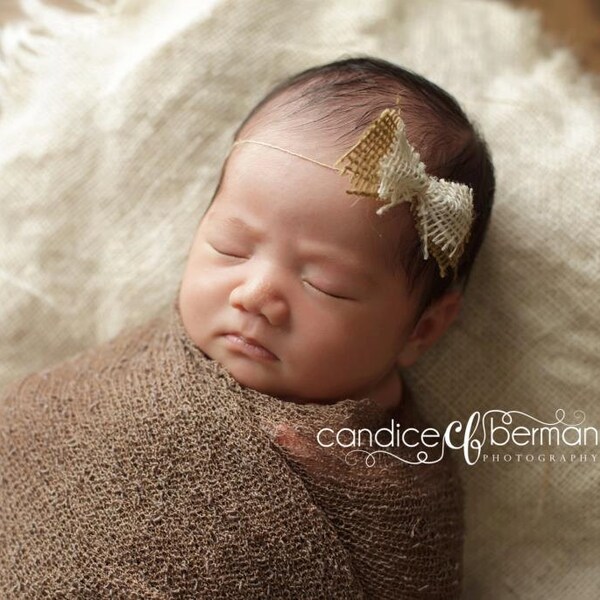 Newborn Photo Prop Burlap Headband Tieback Organic Jute Bow Photography Prop