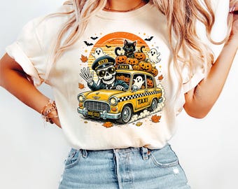 Halloween Taxi Driver PNG, Skeleton Taxi Driver Sublimation, Spooky Ghost Cat Pumpkin Design, Vintage Halloween Shirt PNG Digital Download