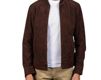 Brown Leather Jacket - Mens Bomber Suede Jacket - Slim Fit Outerwear - Gift for Him