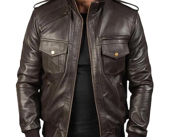 Mens Brown Leather Jacket – Classic Military Bomber Jacket - Handmade Motorcycle Vest
