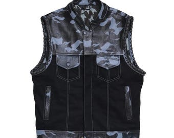 Handmade Camo Leather Vest - Denim Biker Vest - Military Style Waistcoat