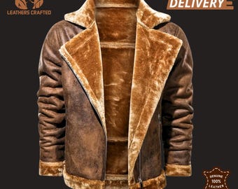 Brown Cowhide Leather Aviator Jacket – Shearling Collar, Handmade