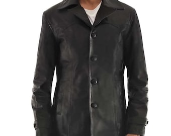 Black Mens Leather Vest - Classic Button-Up Leather Jacket - Handcrafted Motorbiker  Coat
