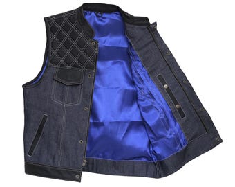 Mens Blue Leather Vest - Handmade Motorcycle Vest - Customized Waistcoat - Motorbiker Gear