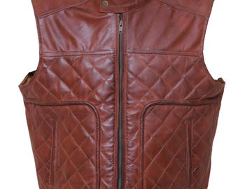 Brown Quilted Leather Vest – Denim Biker Waistcoat - Unisex Motorcycle Riding Gear