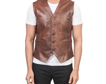 Mens Brown Cowhide Leather Vest - Handmade Biker Waistcoat