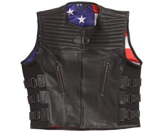 Black Leather Vest - Handmade Cowhide Club Waistcoat - Mens Motorbiker Vest