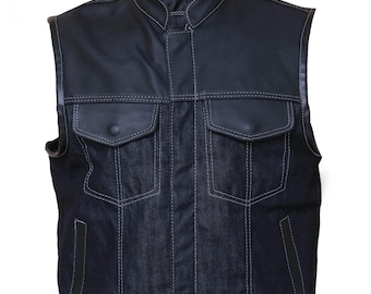 Denim Schwarze Lederweste - Handgemachte Bikerweste - Herren Motorradjacke