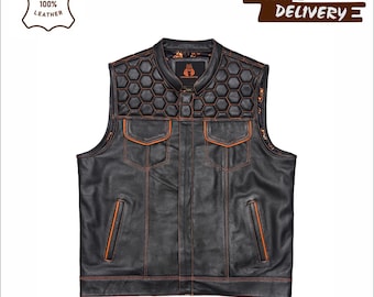 Mens Handmade Biker Vest - Cowhide Leather Jacket - Black Motorcycle Vest with Paisley Lining