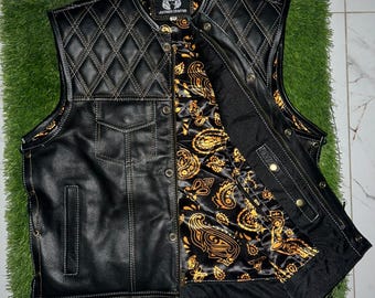 Black Quilted Leather Vest - Paisley Lining Sleeveless Jacket - Club Style Waistcoat