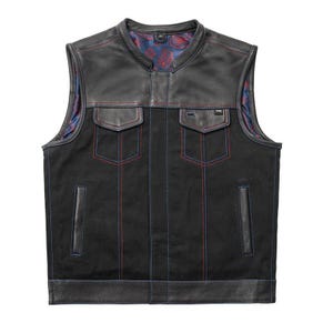 Custom Biker Vest – Black Denim & Leather with Red - Blue Stitching, Paisley Hunt Club Lining