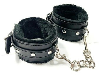 Black Padded Wrist Cuffs with Chain – Soft Faux Leather Adult Restraint