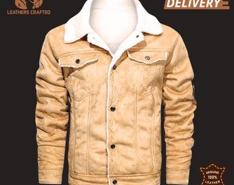 Beige Cowhide Leather Jacket – Mens Shearling Collar Motorbiker Jacket