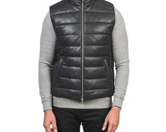 Mens Black Cowhide Leather Puffer Vest | Quilted Biker Style