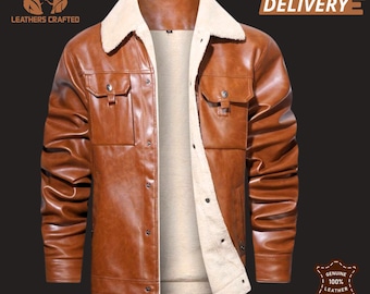 Mens Brown Cowhide Leather Jacket – Shearling Collar, Motorbiker Style