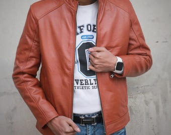 Mens Leather Tan Jacket – Slim Fit Moto Biker Coat – Handmade Motorcycle