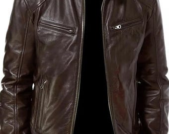 Dark Brown Leather Vest - Mens Cafe Racer Biker Jacket - Minimalist Motorcycle Jacket
