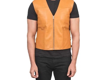 Mens Tan Leather Biker Vest | Handmade Motorcycle Club Vest | Genuine Cowhide Sleeveless Jacket