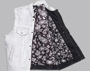 Denim Leather Jacket - White Leather Biker Vest – Handmade Cowhide Club Style Waistcoat