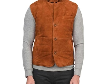 Brown Suede Leather Vest – Handmade Mens Button-Up Waistcoat – Vintage Western Style Jacket