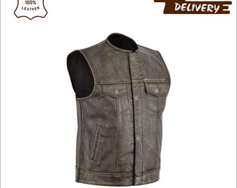 Handmade Distressed Jacket - Brown Leather Biker Vest - Unisex Motorcycle Waistcoat