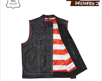 Quilted Black Leather Vest - Unisex Handmade Biker Waistcoat - Motorcycle Riding Vest - Club Style Jacket