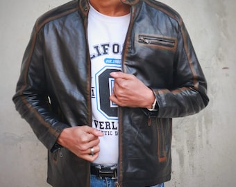 Mens Black Brown Leather Jacket – Cafe Racer Moto Style Vest - Vintage Distressed Motorcycle Coat