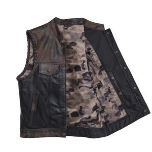 Tactisch camo zwart leren vest - handgemaakt bikervest - aangepast gilet