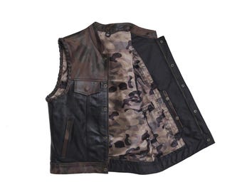 Tactical Camo Black Leather Vest - Handmade Biker Vest - Customized Waistcoat
