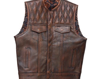 Distressed Brown Cowhide Leather Vest - Motorcycle Biker Waistcoat - Custom Sleeveless Jacket