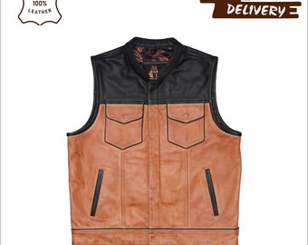 Handmade Reversible Quilted Leather Vest - Genuine Cowhide Biker Club Waistcoat - Black Brown Motorcycle Vest