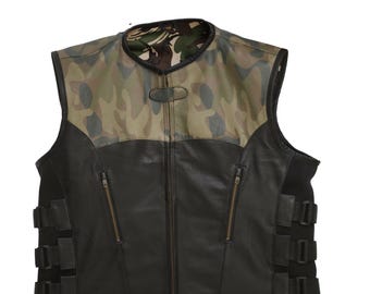 Handmade Camouflage Leather Vest - Denim Motorbiker Vest - Cowhide Motorcycle Waistcoat