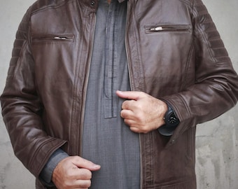 Men’s Brown Leather Jacket – Handmade Motorcycle Biker Coat - Vintage Moto Outerwear - Moto Style Gift