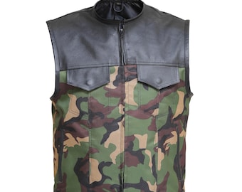 Mens Camo Leather Vest - Military Style Sleeveless Jacket - Handmade Motorcycle Vest