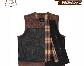 Handmade Quilted Leather Vest – Reversible Brown Black Biker Waistcoat | Cowhide Club Style Leather Jacket
