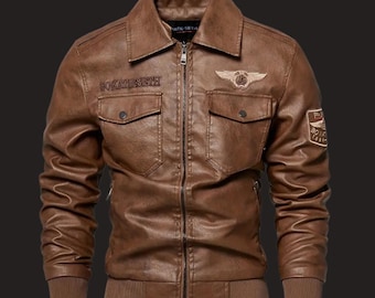 Handcrafted Brown Leather Vest - Handmade Bomber Jacket - Mens Pilot Motorcycle Vest