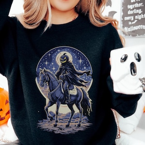 Headless Horseman Sweatshirt Spooky Halloween Crewneck Gothic Pumpkin Rider Sweater Sleepy Hollow Pullover Eerie Moonlit Horror Shirt