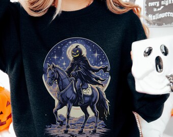 Bluza z kapturem Headless Horseman Upiorny Halloweenowy okrągły dekolt Gotycki sweter z dyni Jeźdźca Sleepy Hollow Bluza Eerie Moonlit Horror Shirt
