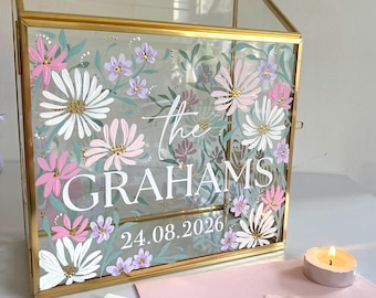 Personalised Floral Glass Wedding Card Box: Bespoke Hand-Painted Design