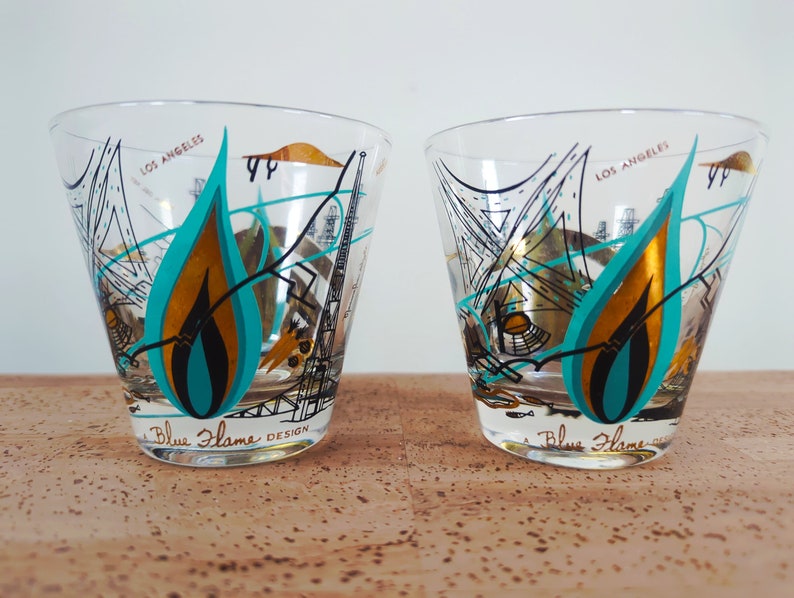 Vintage Norma Jean Wright Themeware Blue Flame Design 24K Glasses Old Fashioned Lowball image 1