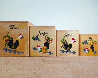 Vintage Nevco Wood Nesting Canister Set | Flour Sugar Coffee Tea | Rooster Farm | Japan