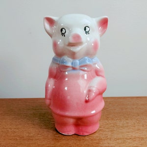 Royal Copley Pig Bank Blue Bow Pink Apron Smiling Piggy Sebring OH 1940s image 1