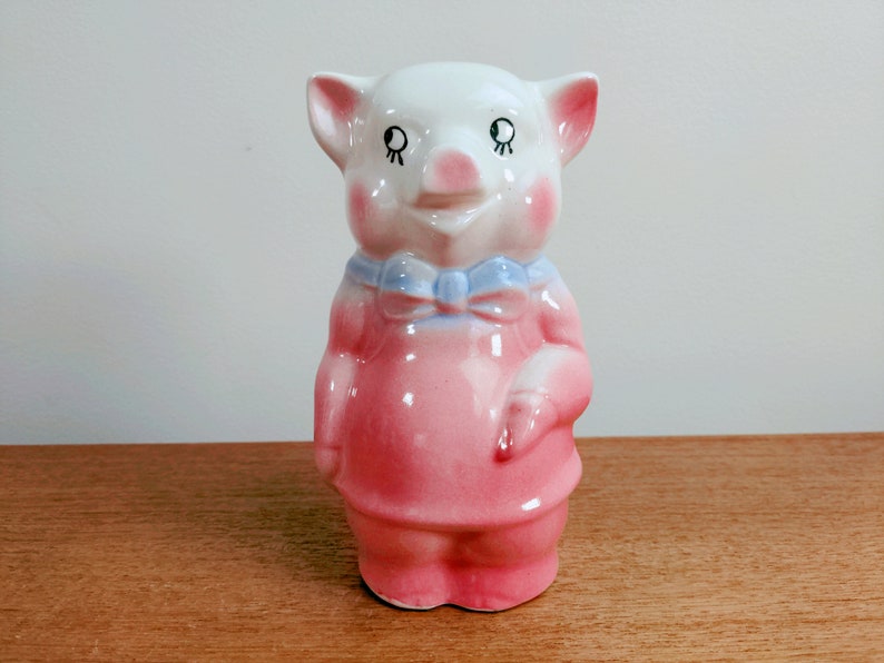 Royal Copley Pig Bank Blue Bow Pink Apron Smiling Piggy Sebring OH 1940s image 1